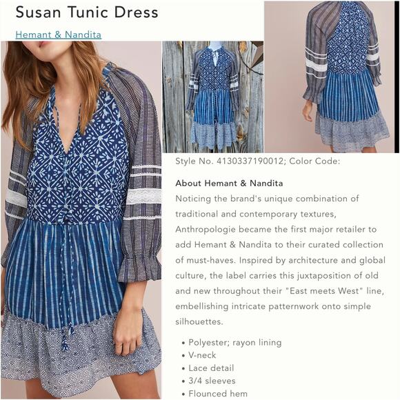 Tier Patchwork Dress Susan Tunic Hemant & Nandita Anthro Size S Blue Ruffle Lace - Picture 1 of 10